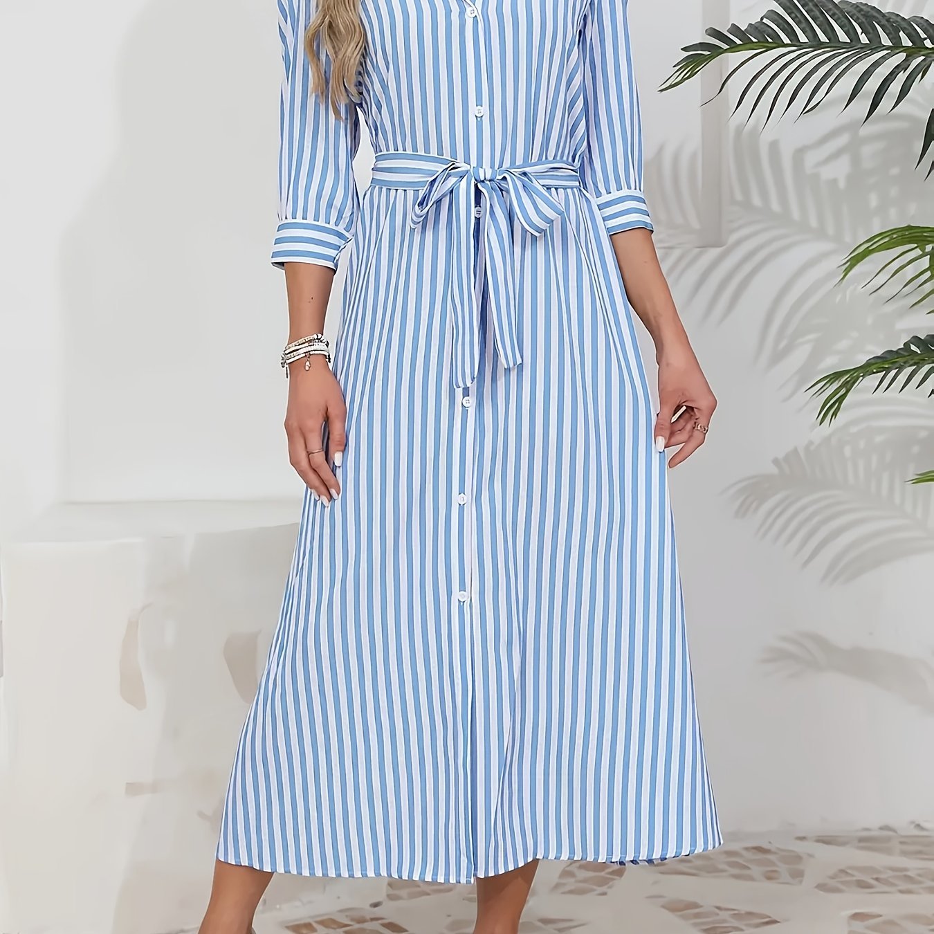 Striped Shirt Midi Dress with Tie Waist and Three-Quarter Sleeves