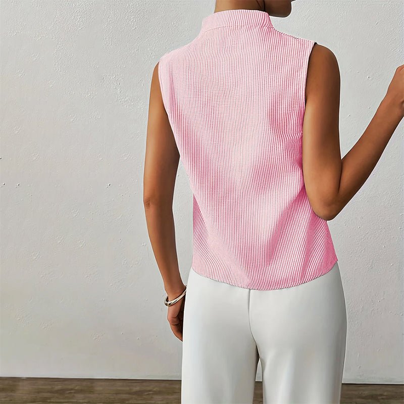 Striped Sleeveless Blouse with Stand Collar and V-Neckline