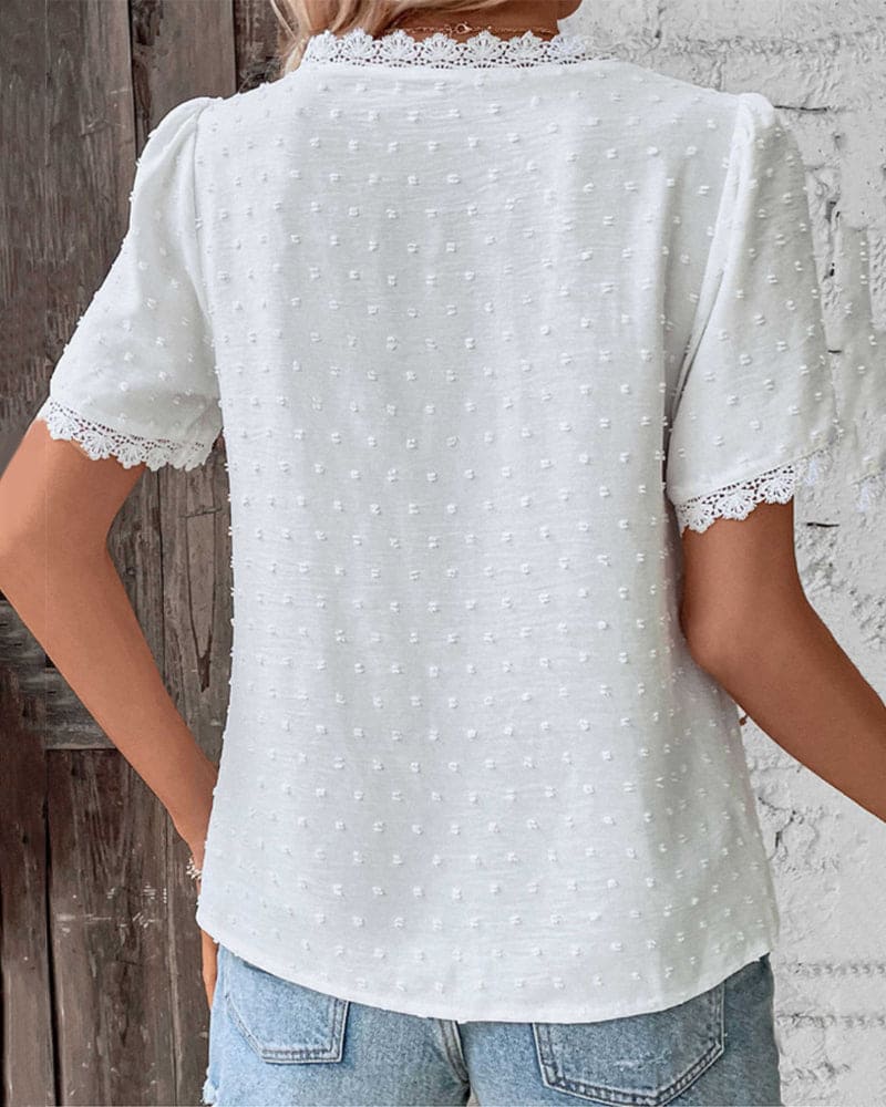 White Lace Trim Blouse with Swiss Dot Texture and V-Neckline