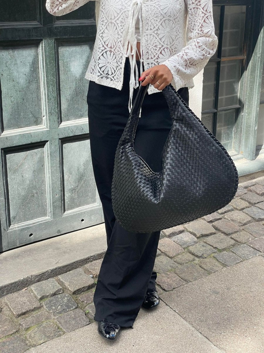 Woven Leather Shoulder Bag with Zip Closure