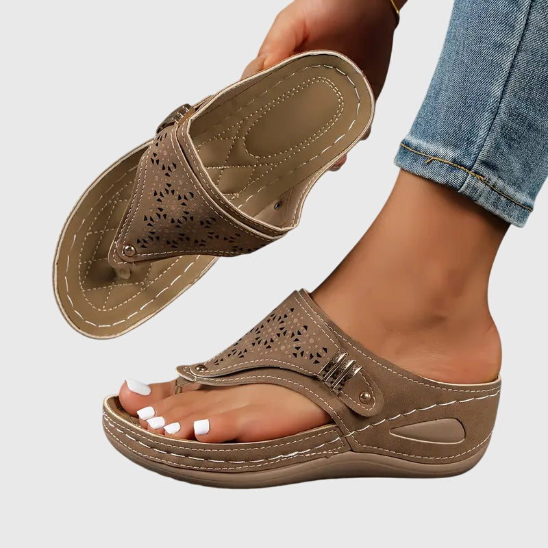 Wedge Sandals with Laser Cut Detail and Toe Post