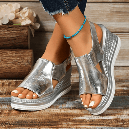 Metallic Platform Wedge Sandals with Buckle Strap