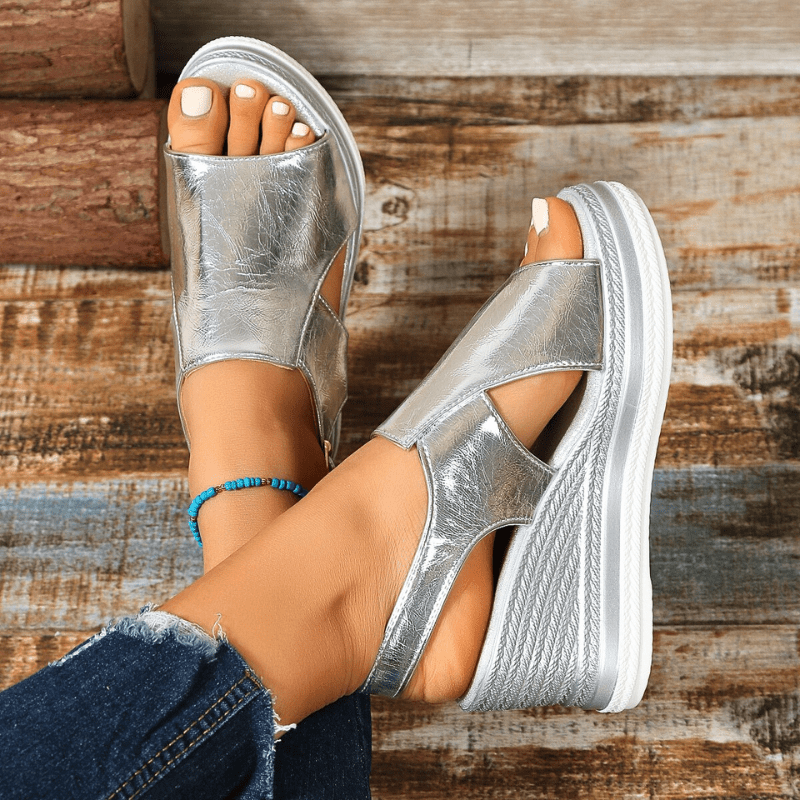Metallic Platform Wedge Sandals with Buckle Strap