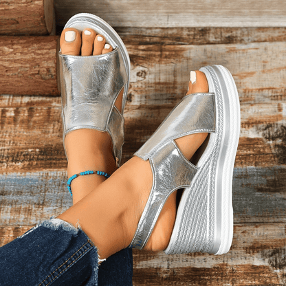 Metallic Platform Wedge Sandals with Buckle Strap