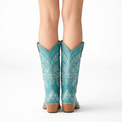 Tall Western Cowboy Boot in Turquoise with Floral Embroidered Shaft and Block Heel