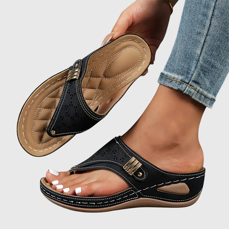 Wedge Sandals with Laser Cut Detail and Toe Post