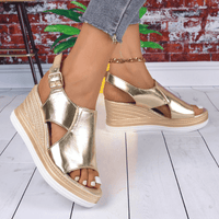 Metallic Platform Wedge Sandals with Buckle Strap