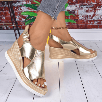 Metallic Platform Wedge Sandals with Buckle Strap