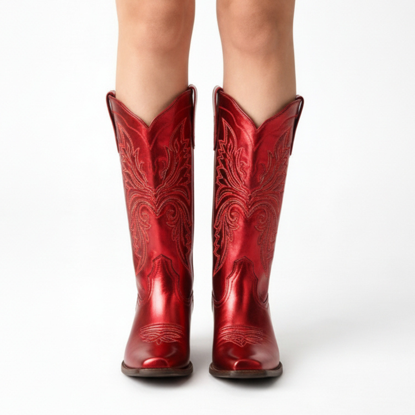Tall Western Cowboy Boot in Metallic Red with Embroidered Shaft and Block Heel