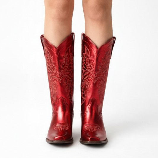 Tall Western Cowboy Boot in Metallic Red with Embroidered Shaft and Block Heel