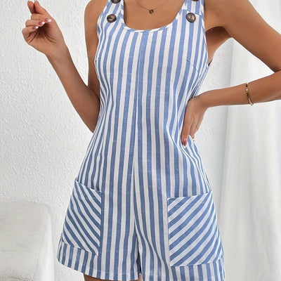 Julie | Gestreepte zomerjumpsuit met knopen en zakken