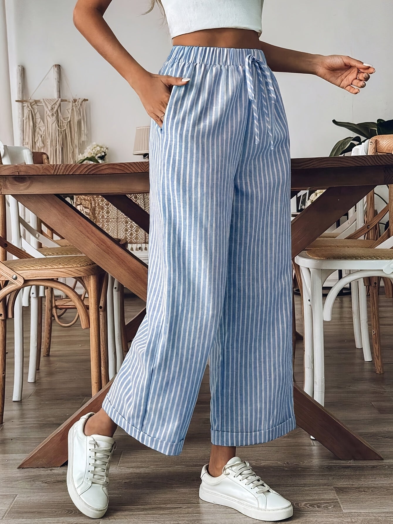 Frida | Striped Wide Leg Pants with Drawstring