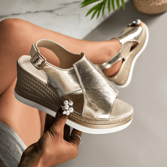 Metallic Platform Wedge Sandals with Buckle Strap