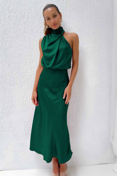 Carlina | Lang satengkjole med halterneck
