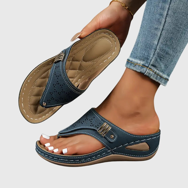 Wedge Sandals with Laser Cut Detail and Toe Post