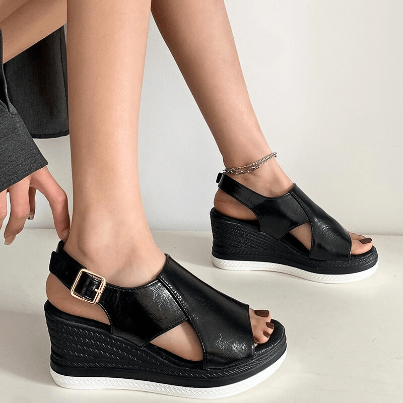 Metallic Platform Wedge Sandals with Buckle Strap