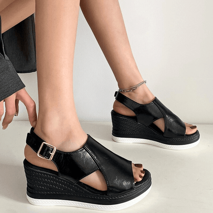 Metallic Platform Wedge Sandals with Buckle Strap