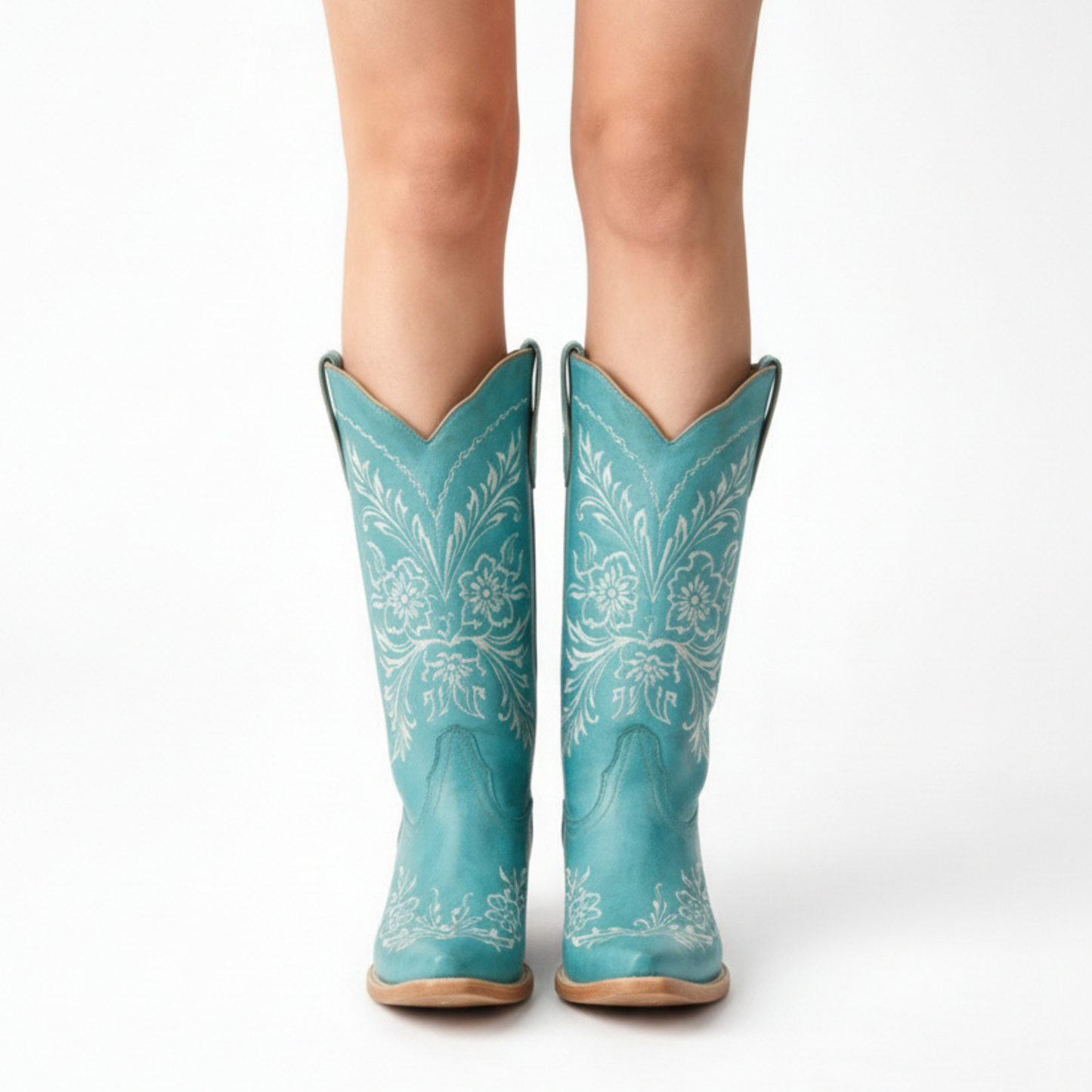 Tall Western Cowboy Boot in Turquoise with Floral Embroidered Shaft and Block Heel