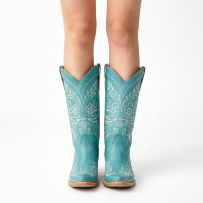 Tall Western Cowboy Boot in Turquoise with Floral Embroidered Shaft and Block Heel