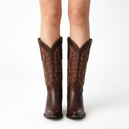 Classic Tall Western Cowboy Boot with Embroidered Shaft and Block Heel