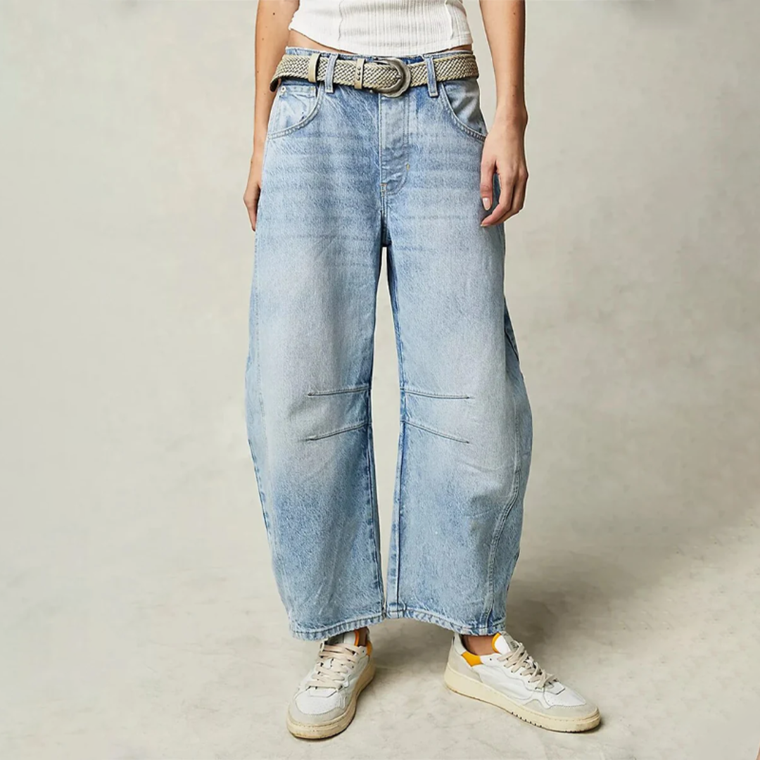 Barrel Leg Jeans with Mid Rise and Curved Silhouette