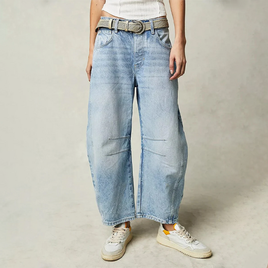 Barrel Leg Jeans with Mid Rise and Curved Silhouette