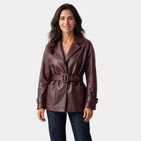 Belted Open Front Leather Jacket with Patch Pockets