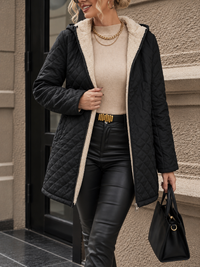 Black Hooded Quilted Jacket with Plush Sherpa Lining