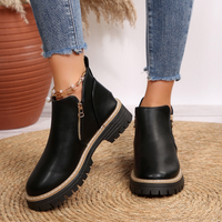 Black Leather Ankle Boots with Chunky Sole and Gold Zip