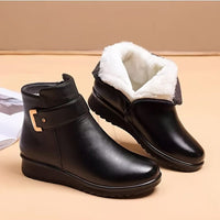 Black Leather Ankle Boots with Fleece Lining and Gold Buckle Strap