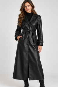 Black Leather Belted Trench Coat with Buttoned Cuffs