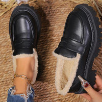 Black Leather Chunky Platform Loafers with Shearling Lining