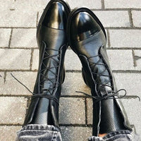 Black Leather Lace-Up Ankle Boots with Cap Toe