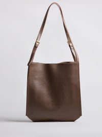 Black Leather Shoulder Bag with Adjustable Strap and Open Top