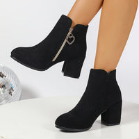 Black Suede Heeled Ankle Boots with Gold Heart Zip Charm