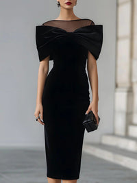 Black Velvet Midi Dress with Oversized Bow and Mesh Neckline