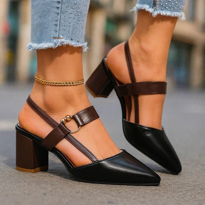 Block Heel Slingback Heels with Pointed Toe and Buckle Strap