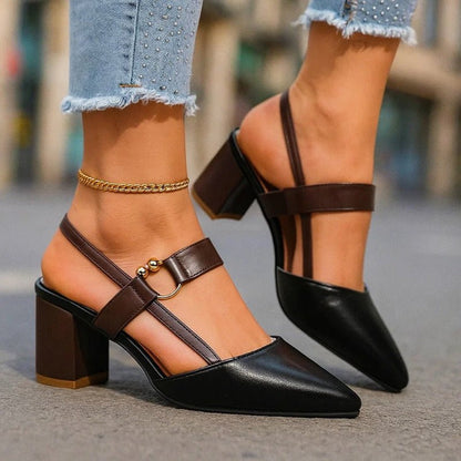 Block Heel Slingback Heels with Pointed Toe and Buckle Strap