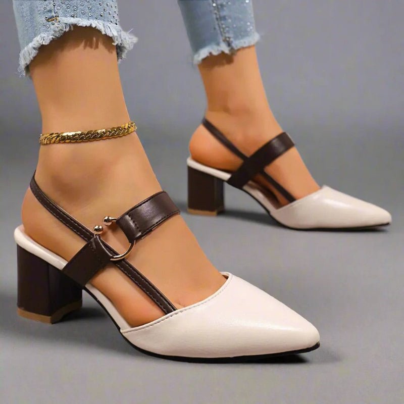 Block Heel Slingback Heels with Pointed Toe and Buckle Strap
