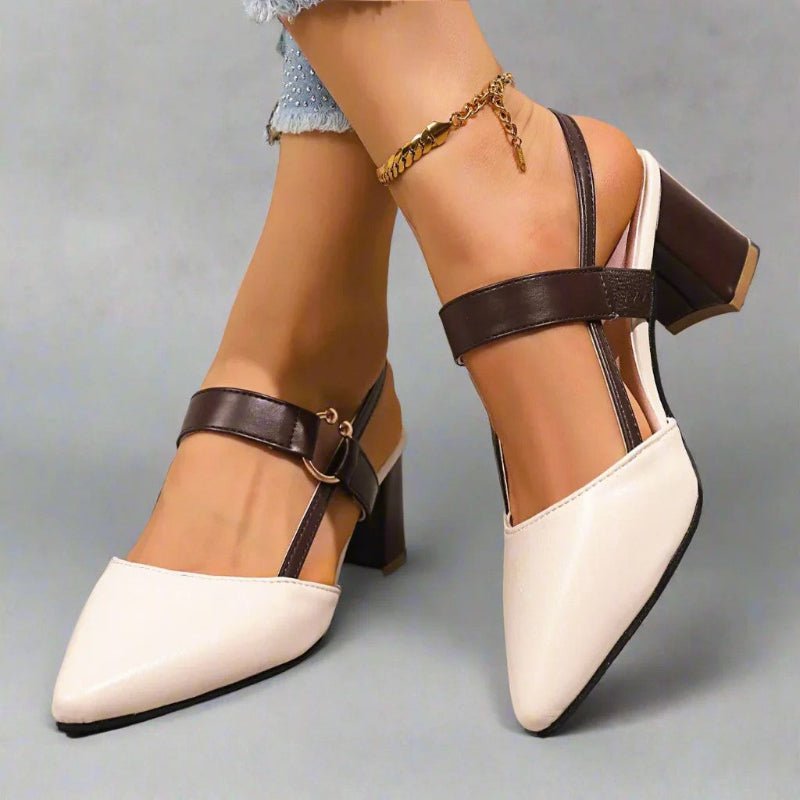 Block Heel Slingback Heels with Pointed Toe and Buckle Strap