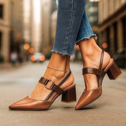 Block Heel Slingback Heels with Pointed Toe and Buckle Strap