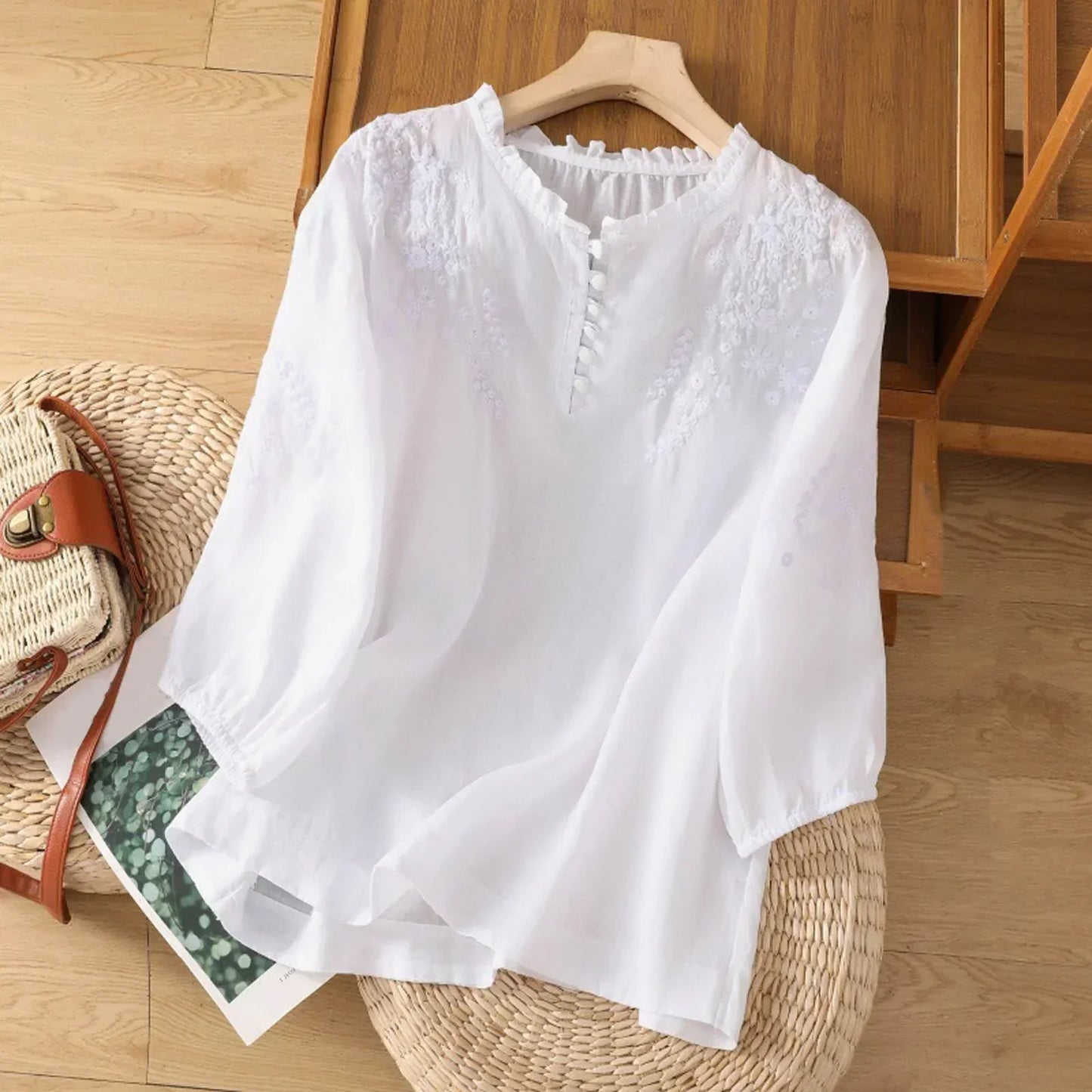 Bohemian Blouse with Floral Embroidery and Frill Neckline