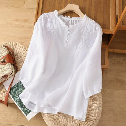 Bohemian Blouse with Floral Embroidery and Frill Neckline