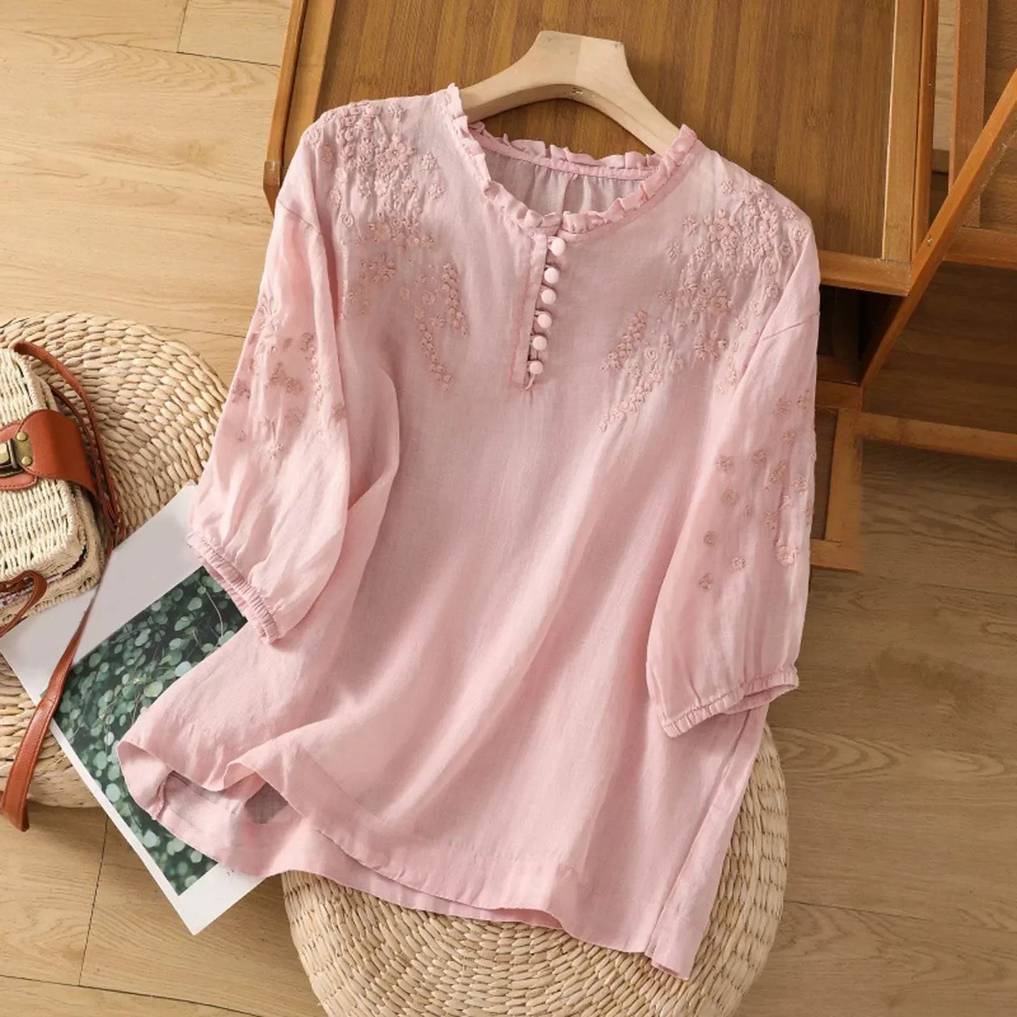 Bohemian Blouse with Floral Embroidery and Frill Neckline