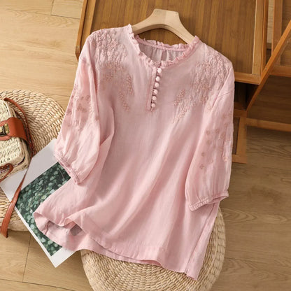 Bohemian Blouse with Floral Embroidery and Frill Neckline