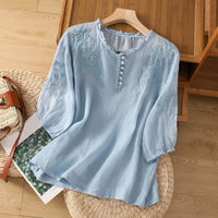 Bohemian Blouse with Floral Embroidery and Frill Neckline