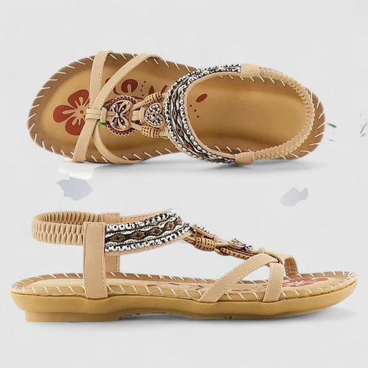 Boho Beaded Flat Sandals with Elastic Ankle Strap