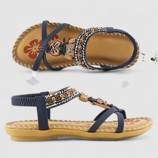 Boho Beaded Flat Sandals with Elastic Ankle Strap