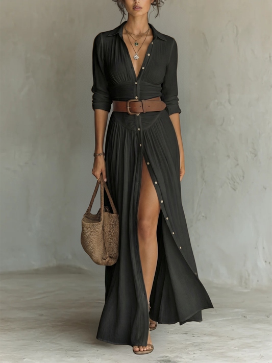 Boho Linen Maxi Shirt Dress with Button Front and Long Sleeves