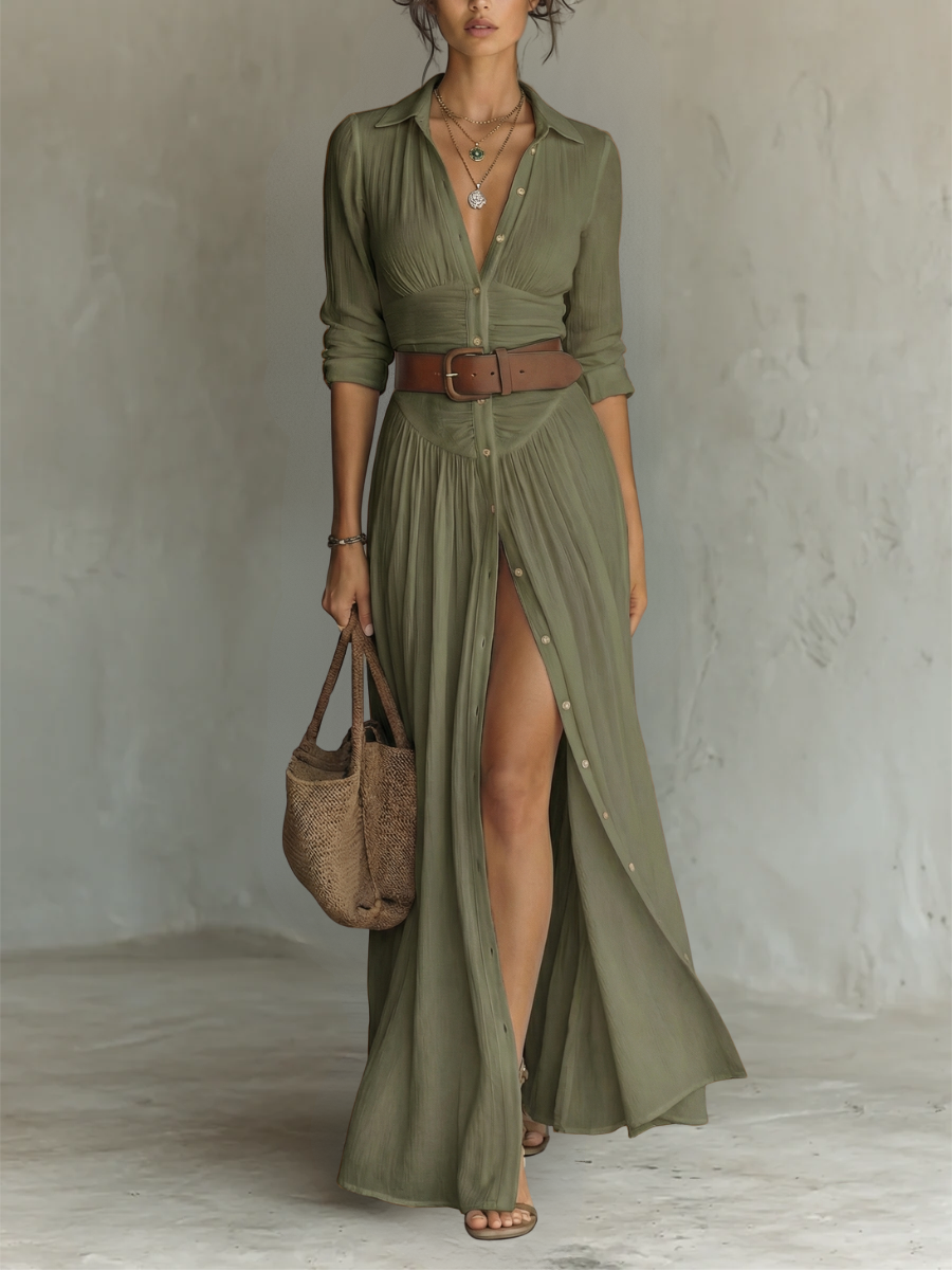 Boho Linen Maxi Shirt Dress with Button Front and Long Sleeves